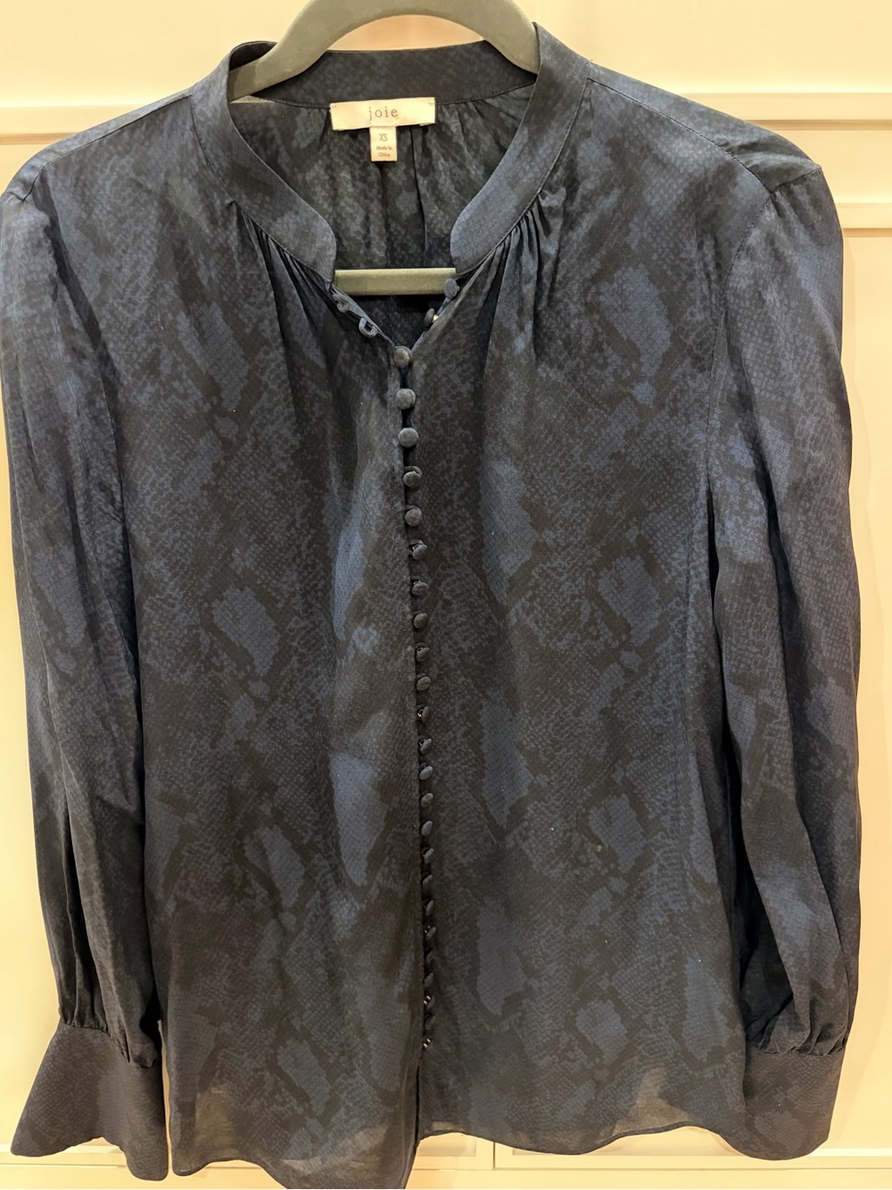Joie Tariana Dark Navy Reptile Print Silk Button-Front Blouse